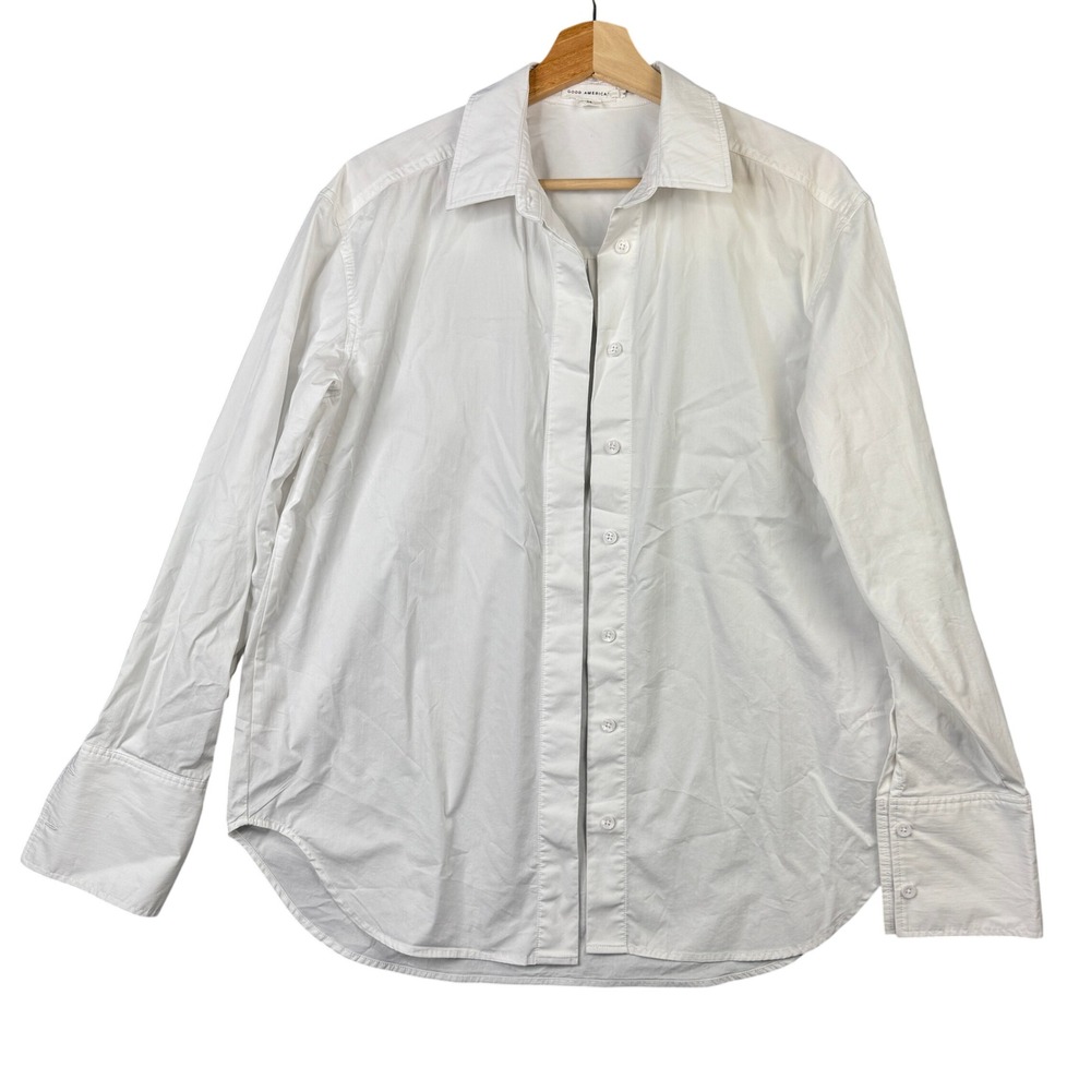 Good American Women White Cotton Blend Button Up Shirt Size M Long Sleeve‎